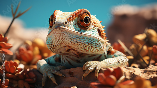 Serene pixel art of a gecko sunbathing on a pixelated rock, combining reptilian grace with the simplicity of retro graphics.