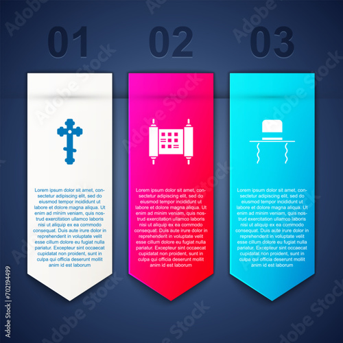 Set Christian cross, Decree, paper, parchment, scroll and Orthodox jewish hat with sidelocks. Business infographic template. Vector