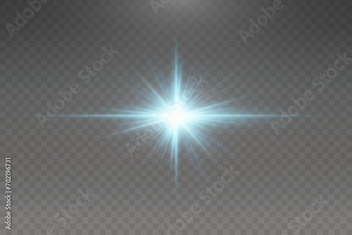 Set of realistic vector blue stars png. Set of vector suns png. White flares with highlights. 