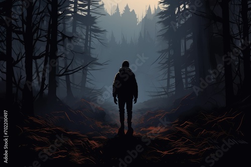 lonely lost person in dark forest landscape illustration
