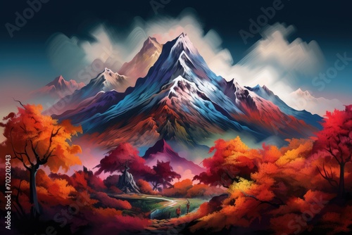 Japan nature mountain with autumn leaves and landscape scenery in spring. Generative Ai.