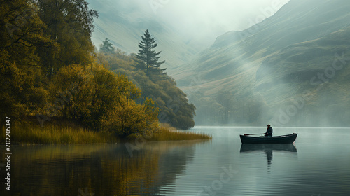 landscape photo of a man on a boat on a misty lake in Scotland, eclectic cultural themes, mountainous vistas, exotic landscapes, nature-inspired imagery 