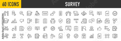 Set of 60 Survey web icons in line style. Opinions, rewiev, feedback, exam, collection. Vector illustration.