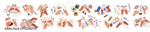 Hand-made craft and art set. Creative artisans during craftwork, making handcraft, needlework with tools, working with ceramics, jewelry. Flat graphic vector illustrations isolated on white background
