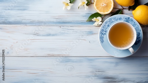 A cup of hot green fragrant tea with lemon and jasmine on a light blue wooden table, a warm cozy atmosphere. Top view, copy space background.
