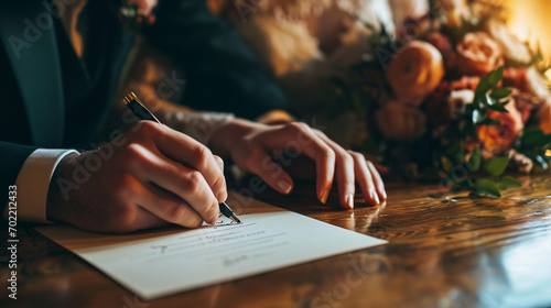 Couple sign wedding certificate, marriage registration and document paper for legal union. Closeup bride, groom and hands writing contract for celebration of love, commitment and agreement together