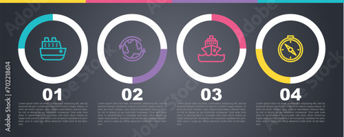 Set line Cruise ship, Worldwide, and Compass. Business infographic template. Vector