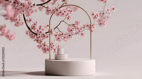 3D background, pink podium display. Sakura pink flower tree branch with frame. Cosmetic or beauty product promotion step floral pedestal. Abstract minimal advertise. 3D render copy space spring mockup