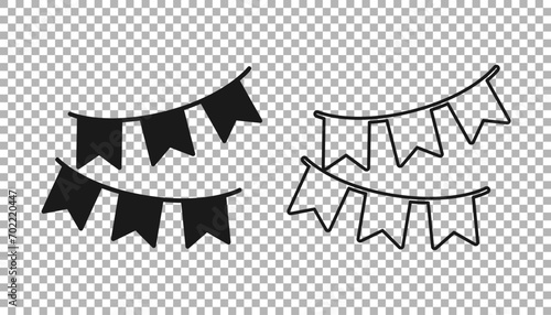Black Carnival garland with flags icon isolated on transparent background. Party pennants for birthday celebration, festival decoration. Vector