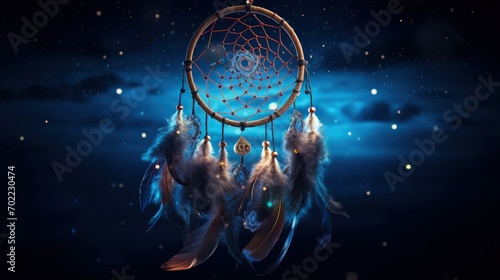Beautiful dreamcatcher with lights on a blue background