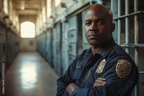 A focused black male prison guard overseeing order and safety within the prison walls