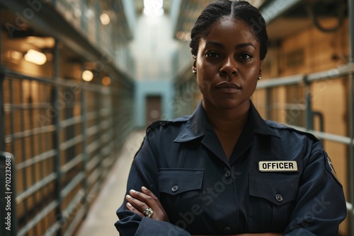 An empowered black female correctional officer standing firm in the demanding environment of a prison