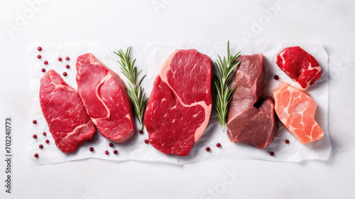 Top view of different raw meats and fish on white background, carnivore diet concept