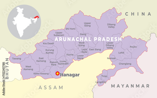 Arunachal Pradesh District map with neighbour state and country