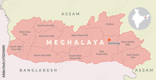 Meghalaya district map with neighbour state and country