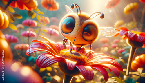 A whimsical animated art image capturing an extreme close-up of a bee pollinating a bright flower.