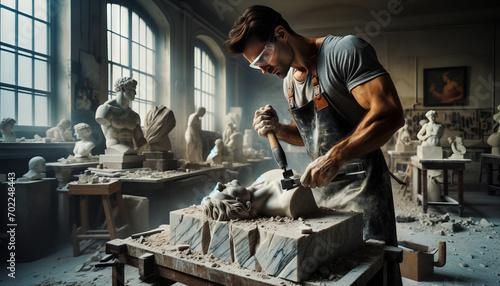 A sculptor in his late 30s, with an intense focus and creative passion, is chiseling away at a large block of marble in his studio.
