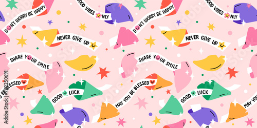 Seamless pattern with Positive message fortune cookies. Cute trendy vector illustration. Background with motivation quotes. 