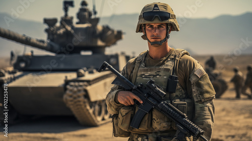 military US army soldier hold machine gun near tank