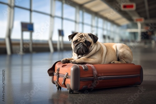 The dog is at the airport next to the luggage waiting for his flight. The pet moves to another city and country, traveling with his best friend. Cute pug puppy. Generative AI.