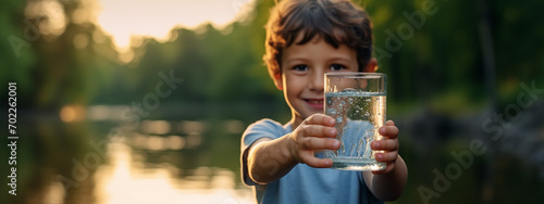 Cute little boy with a glass of water on nature.