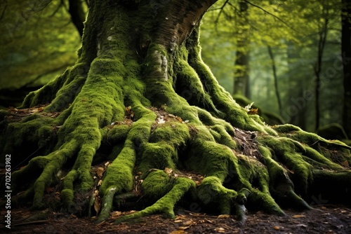Ancient tree roots delving into the forest soil, background wallpaper