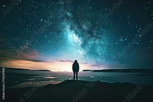 Starry night adventure. Silhouette of man in cosmic landscape. Embracing cosmos. Lone traveler amidst milky way. Hiking to infinity standing on mountain under sky
