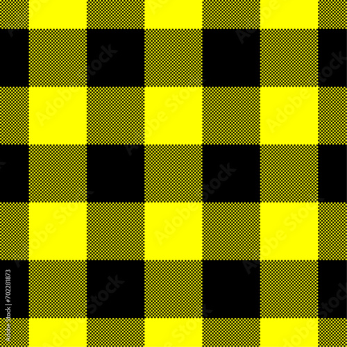 Black and yellow tartan check plaid seamless pattern, pixel plaid, checkered plaid texture background for textile design, napkin, blanket, wrapping paper, cover, tablecloth, scarf. Vector illustration