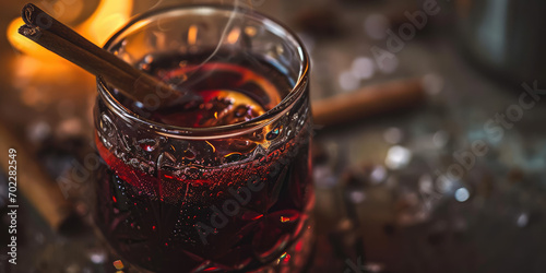 Close-up of Mulled wine in a beautiful glass with a cinnamon stick. A traditional winter Christmas alcoholic cocktail, warming gluhwein. 
