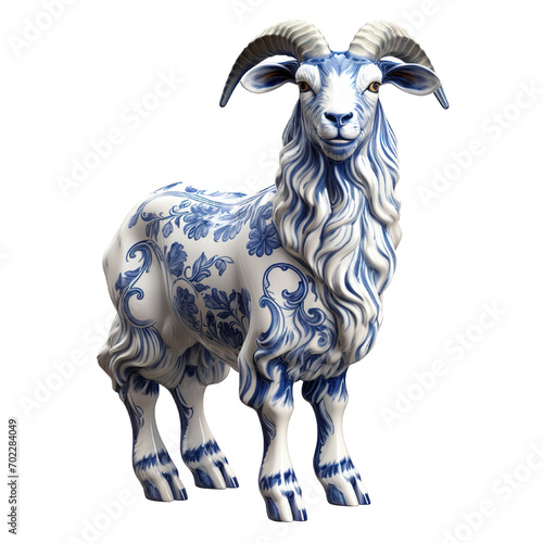 12 animal designations: white and delft blue patterned smooth statue of Goat white background PNG