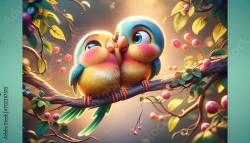 A whimsical, animated art style image of a pair of lovebirds cuddling on a branch.