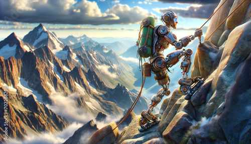 A whimsical, animated depiction of a mountain climber cyborg scaling a treacherous mountain peak.