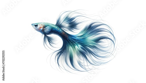 Watercolor painting of a Guppy (Poecilia reticulata), showcasing its vivid coloration and flowing fins against a stark white background. 