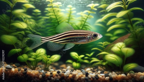 Zebrafish (Danio rerio) displaying their unique striped pattern and agile movement in a natural, well-planted aquarium environment. 