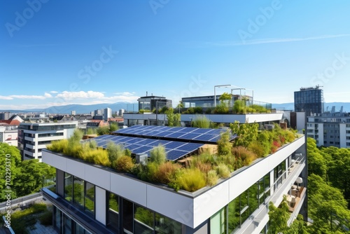 Modern urban dwelling with a green roof, eco-friendly apartment building with rooftop gardens and solar panels.