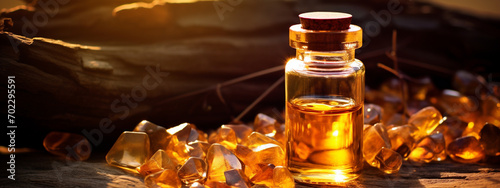 bottle, jars of amber essential oil extract