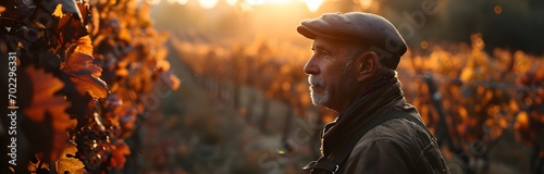 Vineyards, portrait of old winemaker next to the vines, Vintage photo, imitation of an old photo film, concept of winemaking in France, Spain, photo filter