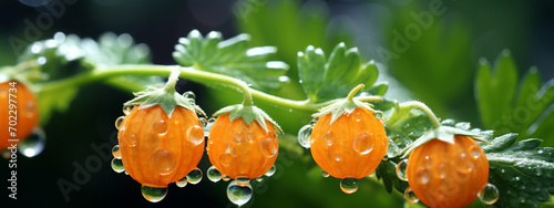 close-up of Cloudberries moroshka in water drops