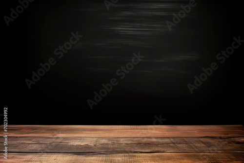 Wooden table with dark black background, in the style of spectacular backdrops, hard edge painter