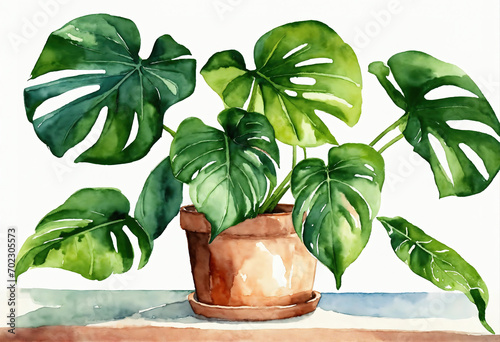 watercolor illustration of potted house plant, botanical clip art isolated on white background