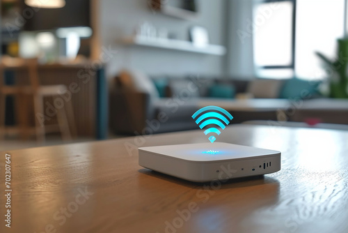 Wireless router with wifi signal on table in living room at home