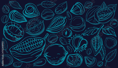 Isolated vector set of hand drawn nuts on dark background. Peanuts, cashews, walnuts, hazelnuts, almonds, macadamia, cocoa. Nuts and seeds collection. Set of vector various nuts in vintage style.