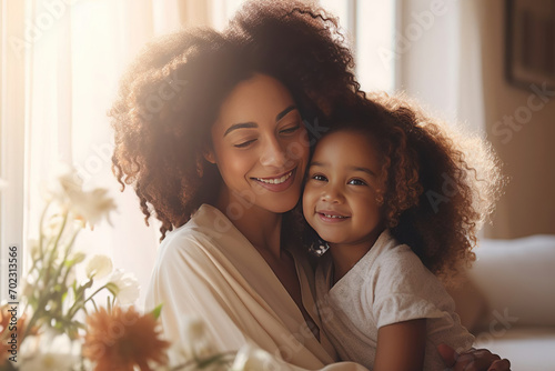 Happy African American mom and daughter on Mother's Day, mother's Day celebration concept, mom and daughter hug, maternal love and care