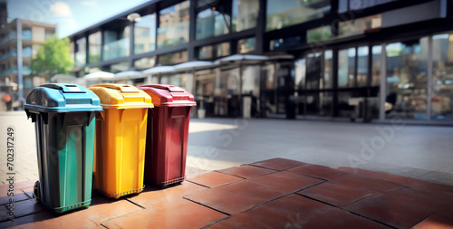 Colorful garbage containers on the street. Empty space. Trash cans near the busness building