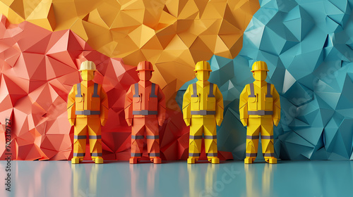 Simple construction workers or industrial workers with origami background concept. Plain background with copy-space on the side.