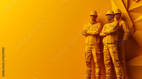 Simple construction workers or industrial workers with origami background concept. Plain background with copy-space on the side.