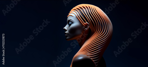 Abstraktes sinnliches Portrait einer Frau mit beleuchteten orangen 3D-Wellen-Formen als Frisur. Profil. Dunkelblauer Hintergrund. Illustration