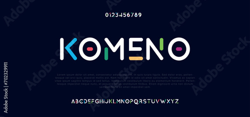Komeno modern alphabet. Dropped stunning font, type for futuristic logo, headline, creative lettering and maxi typography. Minimal style letters with yellow spot. Vector typographic design