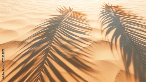 Shadows of palm leaves on sand, flat top view with copy space.