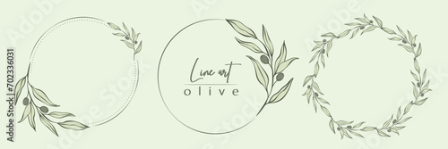 Botanical line illustration set of olive leaves, branch wreath for wedding invitation and cards, logo design, web, social media and posters template. Elegant minimal style floral vector isolated. 